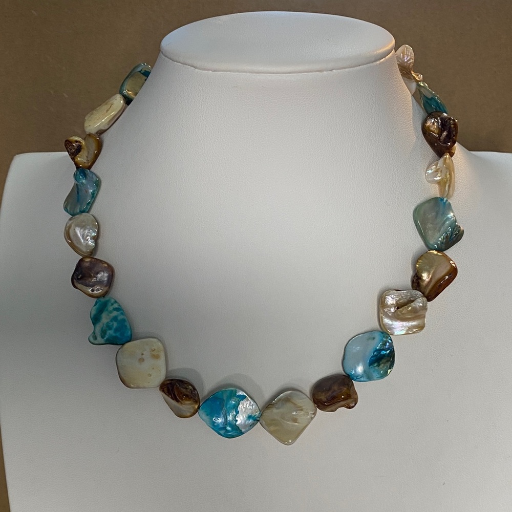 10/$10 Handmade Irregular Shell Bead Necklace in Blue, Brown & Cream